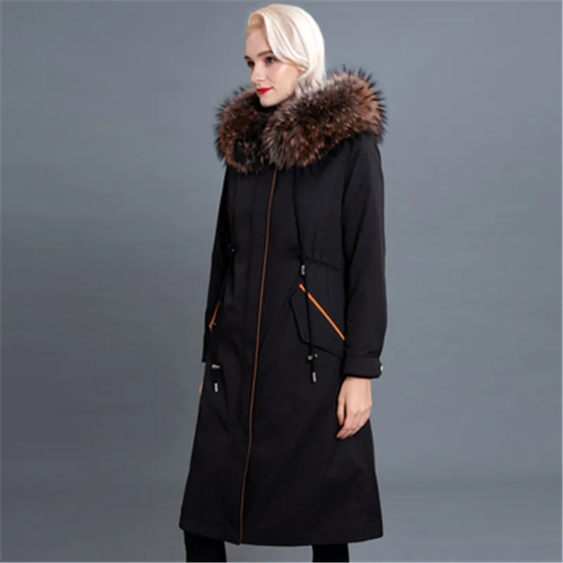 Новинка, Зимняя женская куртка с воротником из натурального меха, женское длинное пальто на белом утином пуху, Женская плотная теплая свободная парка с капюшоном, Mujer - Цвет: black