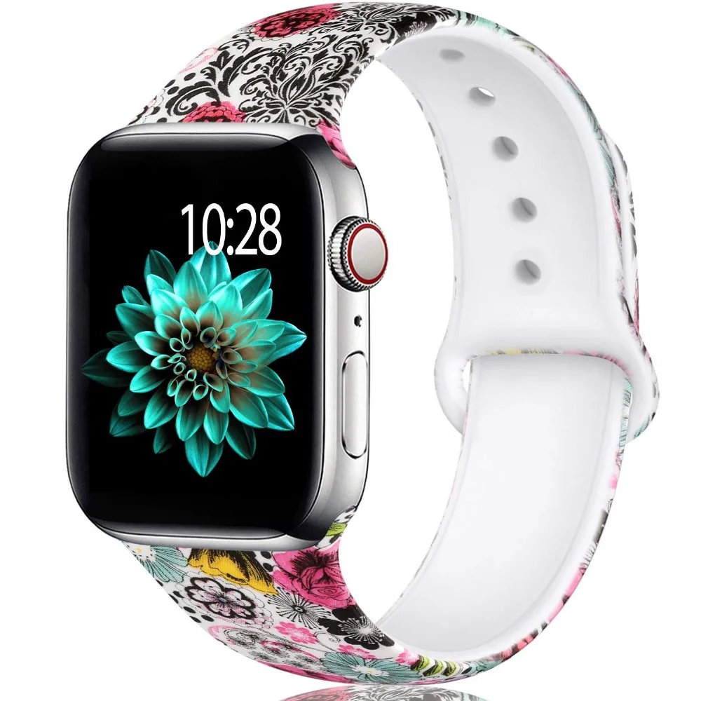 Ленты с цветами для Apple Watch 38 мм 40 мм 42 мм 44 мм, силиконовый шаблон Печатный сменный ремешок браслет для iWatch серии 4 3 2 1
