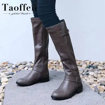 

TAOFFEN Women Knee High Boots Keep Warm Fashion Metal Buckle Knight Shoes Women Winter Fur Casual Flats Botas Mujer Size 34-43