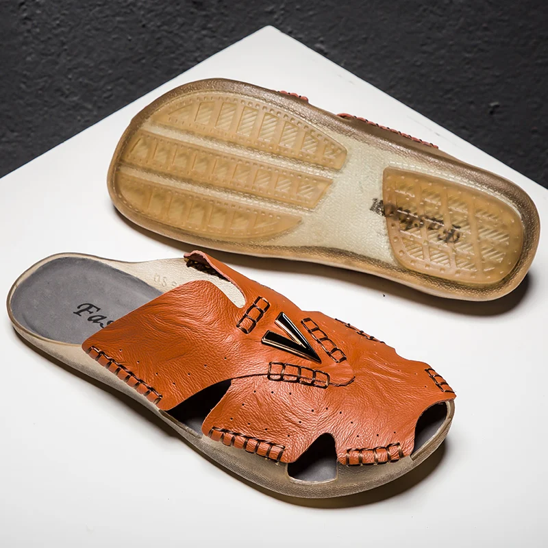 Летние мужские кожаные тапочки; уличные повседневные шлепанцы; Мужская обувь; шлепанцы без задника; Chinelo Masculino Couro; Прямая поставка; размер 48