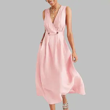 

2020 Newest Style Summer Elegant Dress Sexy V-Neck Bohemian Women Dress Casual Sleeveless Solid Office Ladies Dresses Vestidos