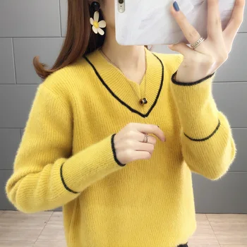 

Lazy wind loose net red V-Neck Sweater women's new style in autumn and winter 2019 wear thickened imitation mink sweater