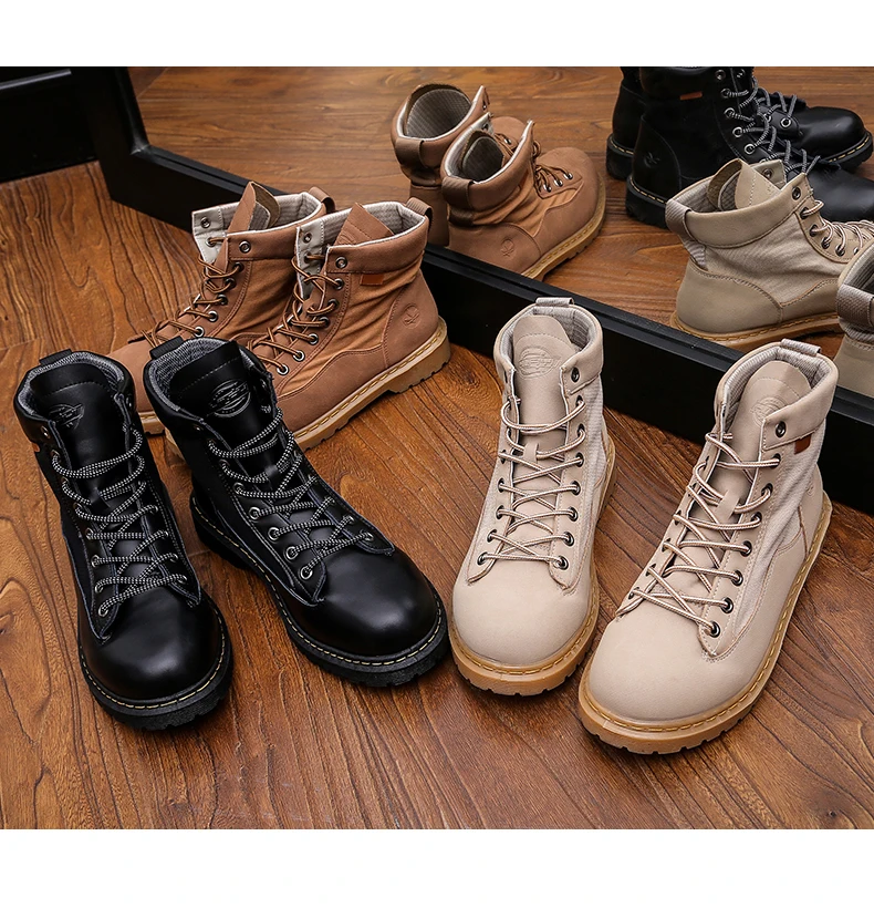 Men anti-slip breathable ankle boots waterproof high street fashion doc martens boots black grey brown lace up round-toe motorcycle boots soft comfortable work shoes safety (1)