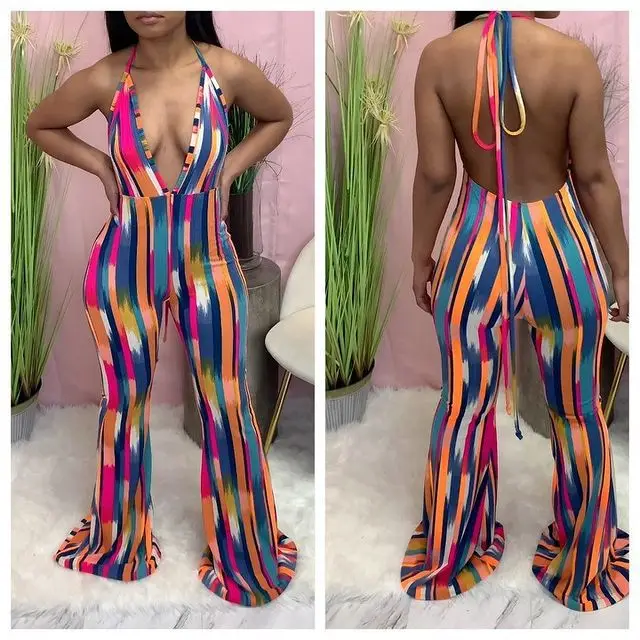 Echoine Tie Dye Print Halter Lace Up Backless Jumpsuit Sexy Bodycon V-enck Sleeveless Elegant Wide Leg Party Vintage Rompers |