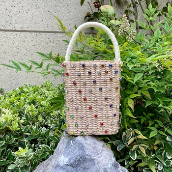 

Summer Fashion Beach Vacation Pearl Grass Bag Shiny Diamond Handmade Custom Straw Bag Handbag
