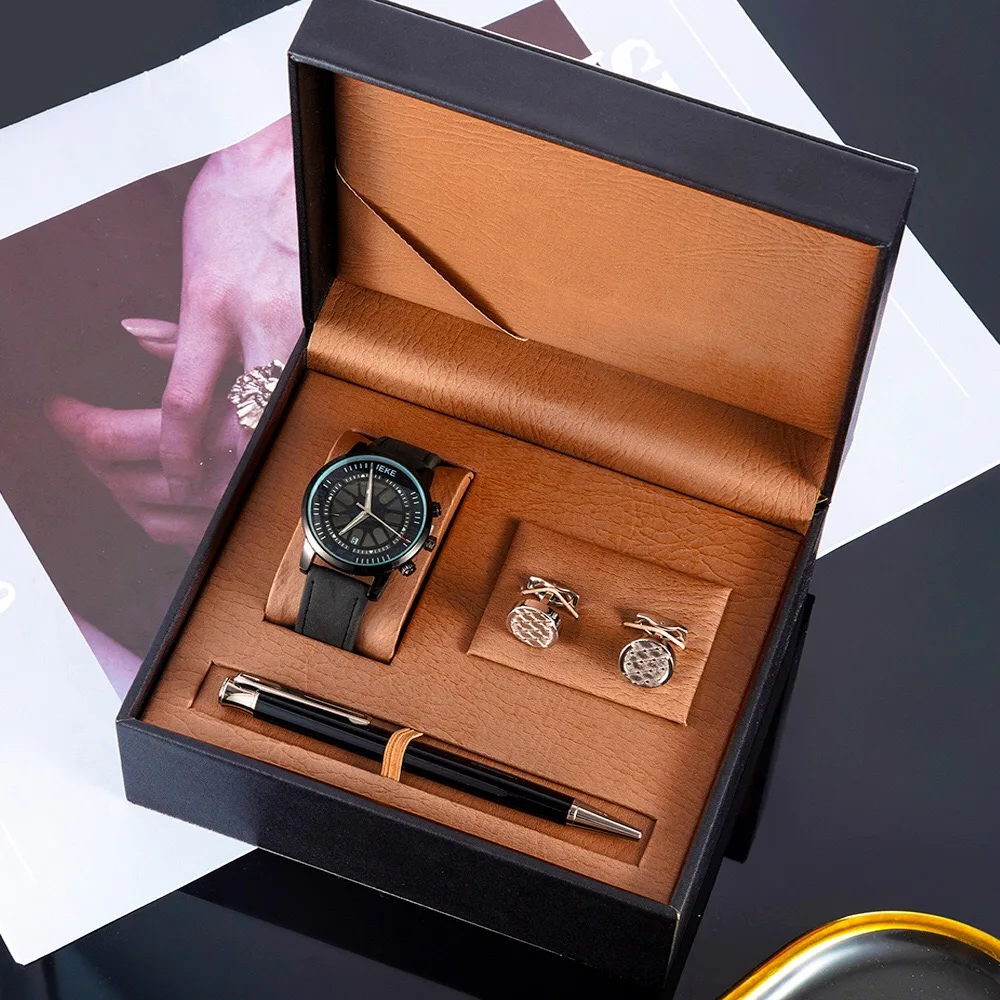 

Mens Watch Set With Cufflinks Signature Pen Fashion Sport Retro Quartz Watches PU Leather Calendar Wirstwatch Sets Gifts Box