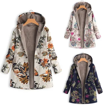 

Winter Women jacket Thick Warm short plush fur Womens Winter Warm Outwear Floral Print Hooded Pockets Vintage Oversize Coats