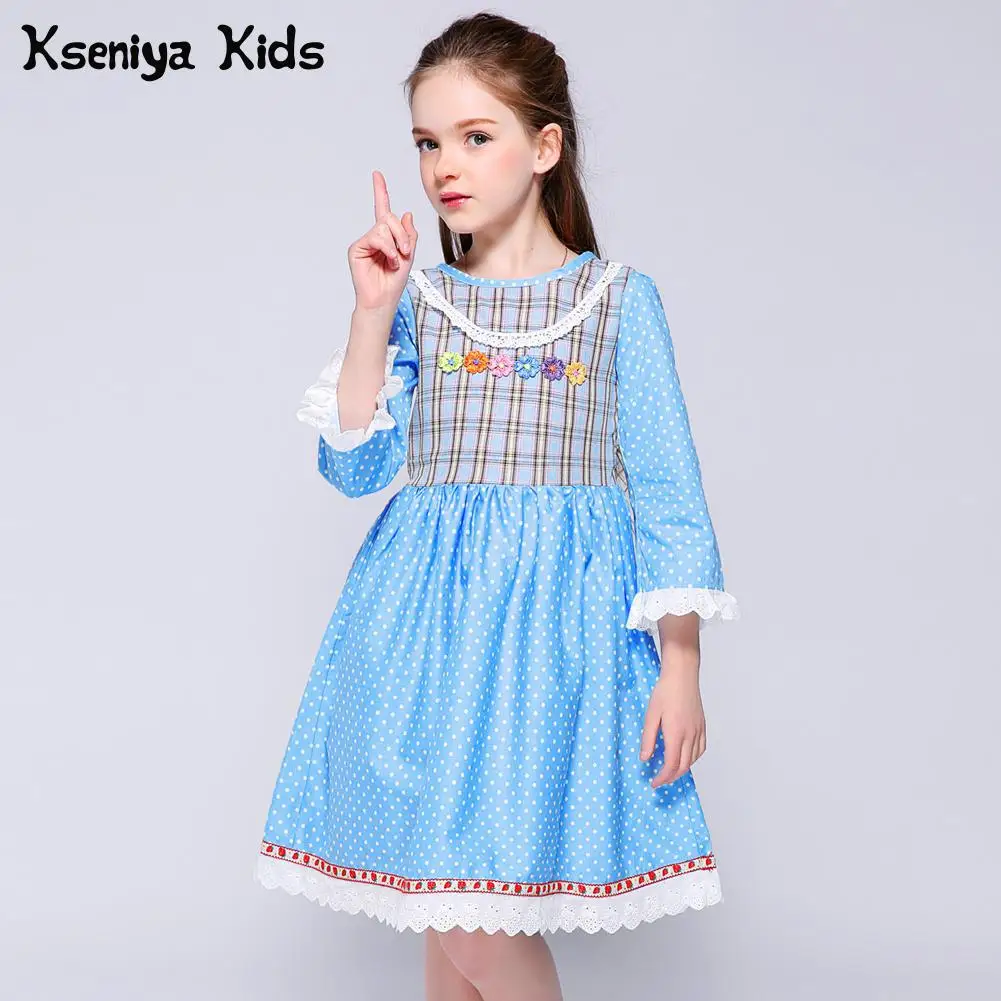 Kseniya Kids/ г. Платье с принтом для девочек кружевные платья в горошек с рукавами-лепестками и цветочной аппликацией для девочек, вечерние и свадебные платья - Цвет: Sky Blue