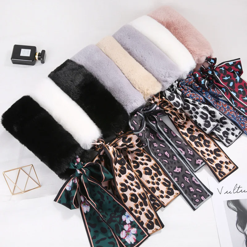 

Fur Collar Scarf Women's Fur Collar Sub-Korean-style Versatile Leopord Pattern Bow Joint Imitation Rabbit Fur Ribbon Furry Scarf