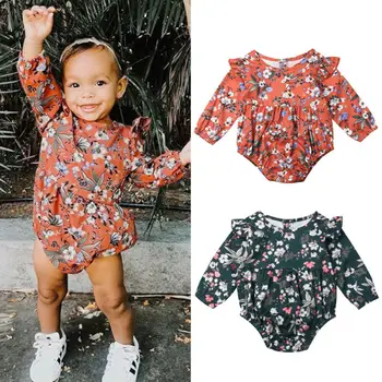 

Newborn Baby Girl Bodysuit Autumn Cotton Clothes Fly-Sleeve Floral Jumpsuit Outfits Little Girls Clothing Ruffle Girls Clothes
