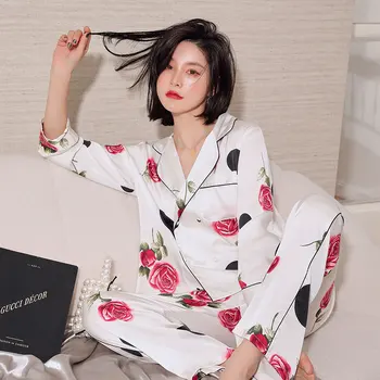 

Pajamas Set Print Flower Women Nightwear Satin 2PCS Shirt&pant Pyjamas Suit Loose Sleepwear Sexy Nightgown Long Sleeve Homewear