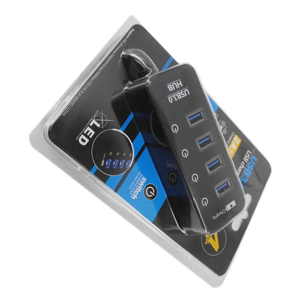 USB3.0 4 порта сплиттер светодиодные индикаторные лампочки переключатель телефон 2.4A/1A зарядный адаптер usb-концентратор короткого замыкания протектор