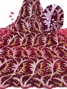 

Wine Red Gold Sequined African French Mesh Net Lace Fabric For India Evening Party Dress Fabrics 2019 New Nigeria Sequins Voile