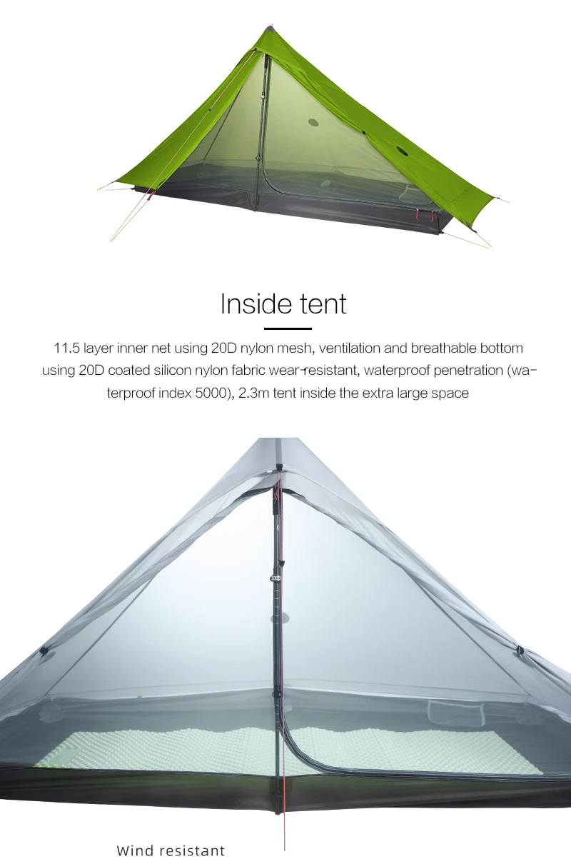 Single Person Ultralight Camping Tent 3 Season/4 Season Professional 20D Silnylon Rodless Tent for Camping