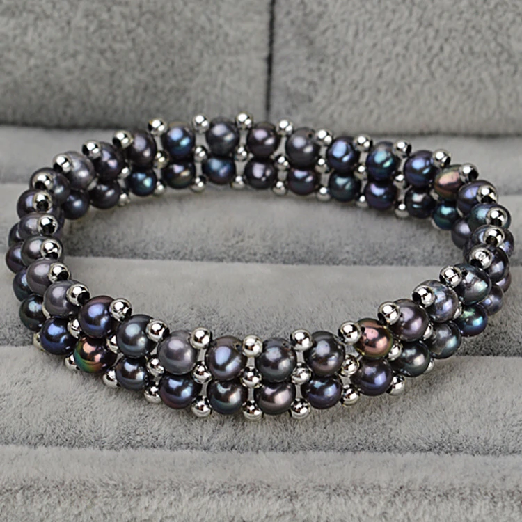 Черный цвет два ряда натуральный пресноводный жемчуг браслет классический браслет модные украшения, 10 шт./лот