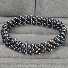 Черный цвет два ряда натуральный пресноводный жемчуг браслет классический браслет модные украшения, 10 шт./лот