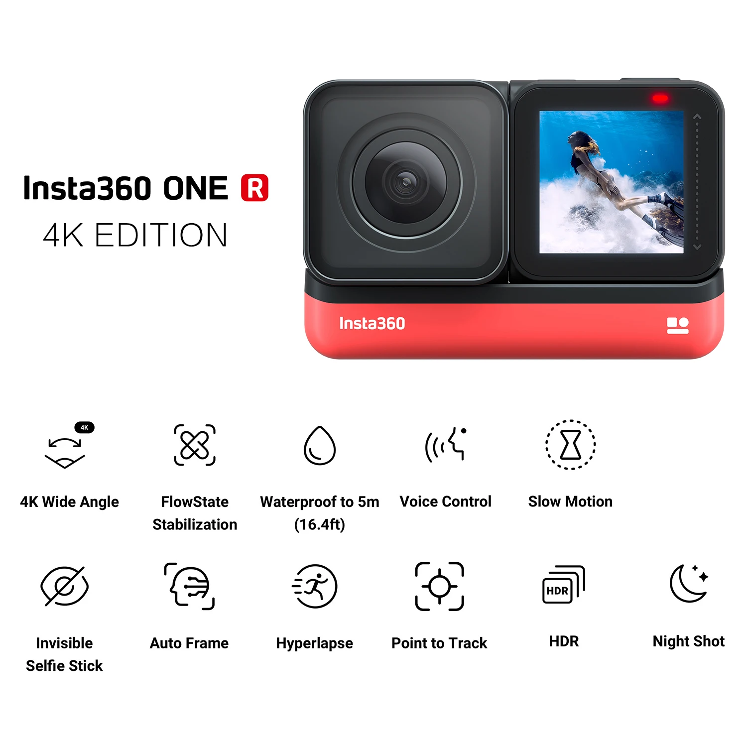 Insta360 ONE R 4K edición-Cámara de acción deportiva antivibración, lente gran angular 4K, soporte de estabilización de flujo, cuerpo de 5M, resistente al agua