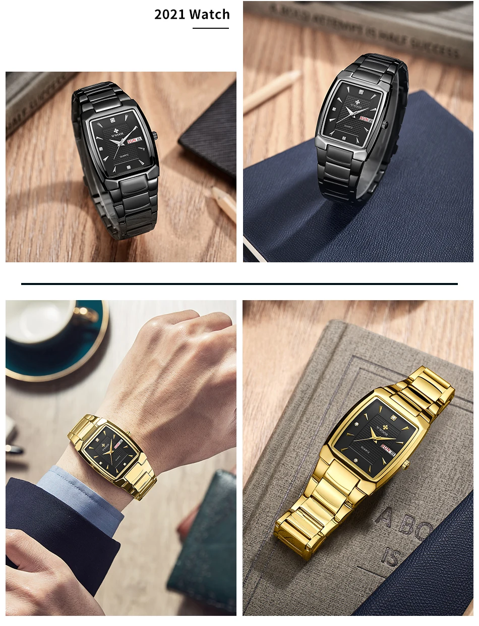 Watches Men WWOOR Brand Casual Simple Men's Quartz Clock Rose Gold Square Waterproof Week Display Wristwatches Relogio Masculino