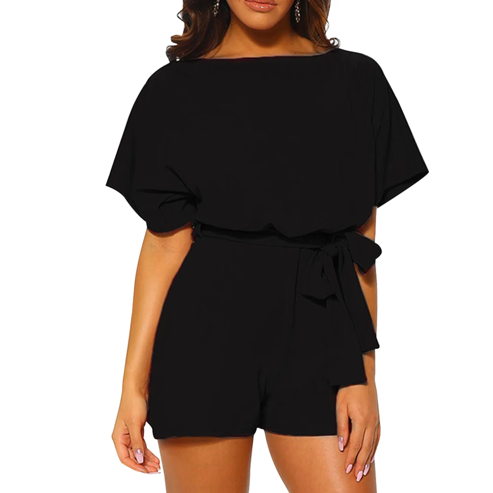 Women Jumpsuit Loose Office Solid Crew Neck Lace Up Elegant Daily Short Sleeve Shopping High Waist Casual Dating Summer