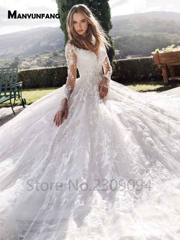 MANYUNFANG горячая Распродажа vestido de princesa infantil Свадебные платья с длинными рукавами китайский цвет кожи сзади бальное платье Свадебные платья