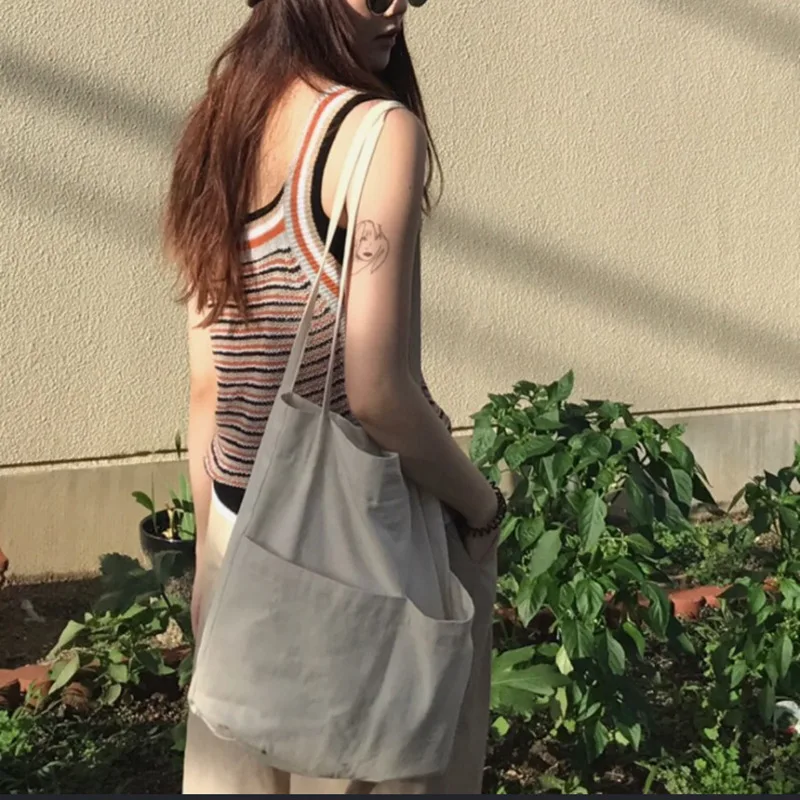 

Front pocket ladies shoulder bag solid color simple large capacity canvas bag female bag ladies hand bags tote bags for women