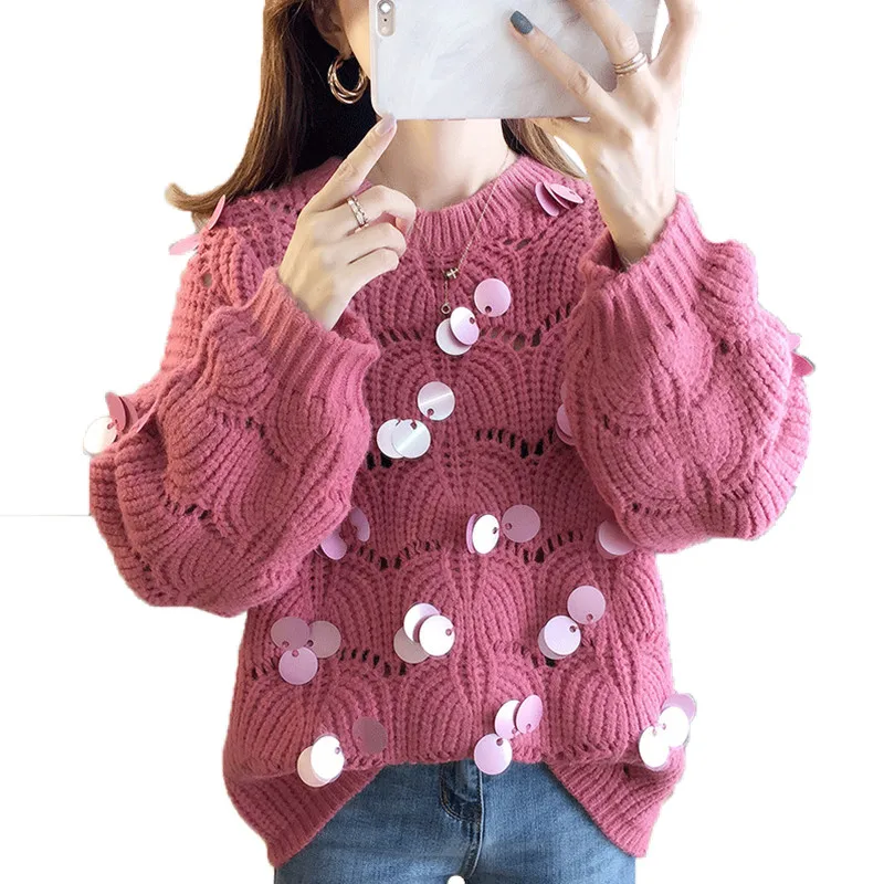 

New Fashion 2019 Sequin Knitted Sweater Women Long Sleeve Loose Pullover Knitwear Female Soft Warm Autumn Jumper C486
