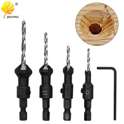 4pcs HSS 4241 Carpentry Countersink Drill Bit Set Quick Change Hex Shank Screw #6 #10 #13 #16+1pc Wrench