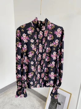 

Women Long Sleeve Floral Blouse 2020 New 100% Viscose Ladies Stand Collar Soft Pleated Shirt Tops