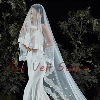 

Long Cathedral Wedding Bridal Veils 2T Lace edge Flowers Tulle Veil for brides with metal comb velo sposa de novia largo Ivory