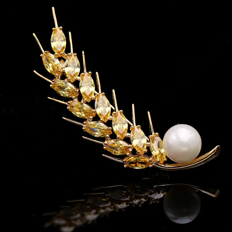 

Christmas gift golden crystal wheat brooches for women suit pins metal accesorios, simulated pearl brooch femme broche jewelry