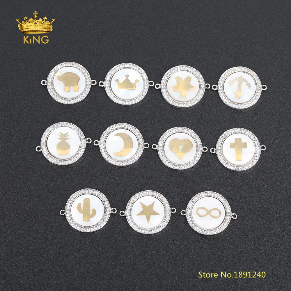 

5pcs/lot Classic Pattern White Shell Charms for Jewelry Making,Shell Connectors Silver Bails Beaded Zircon CZ Findings Bracelet