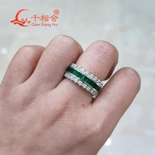 925 silver dark green color 3mm sqaure shape Created Hydrothermal Muzo Emerald  with melee moissanite  Eternity Band jewelry