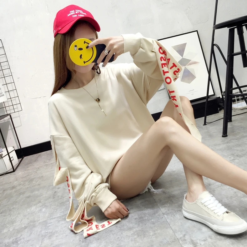 Модные женские пуловеры, толстовки, свитшоты, осенние корейские Ulzzang Harajuku, свободные длинные толстовки с лентами, Женская толстовка с капюшоном, Топ