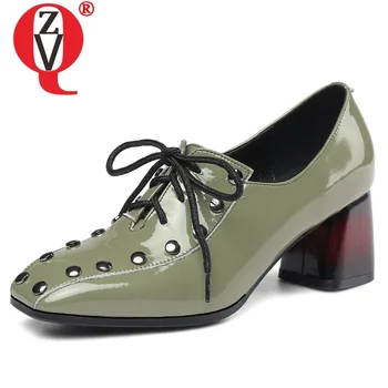 

ZVQ spring new fashion women pumps outside high heels square toe genuine leather cross-tied rivet women shoes drop shipping