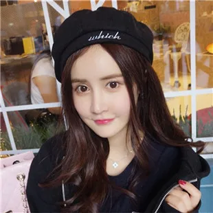 Korean-style Which Lettered Autumn Winter Versatile British-Style Woolen Beret Fashion Warm Pumpkin Octagonal Cap Children - Цвет: Black