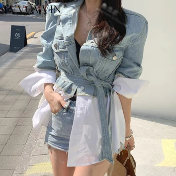 

TVVOVVIN Women Denim Jacket Denim Coat Long Sleeve Lace Up Ladies Patchwork Fake Two Woman Jean Jacket Woman Tops Autumn 2019