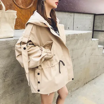 

Women Solid Drawstring Waist Trench Coat 2019 Autumn Zipper Hooded Coats Big Size Outerwear Loose Windbreaker