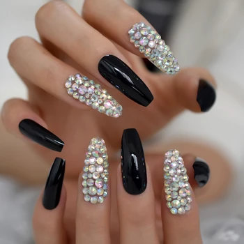 

Super Long Glossy Solid Black Ballerina Fake Art Nails AB Rhinestones Gems Decor Coffin Salon False Nails Jelly Sticker Tape
