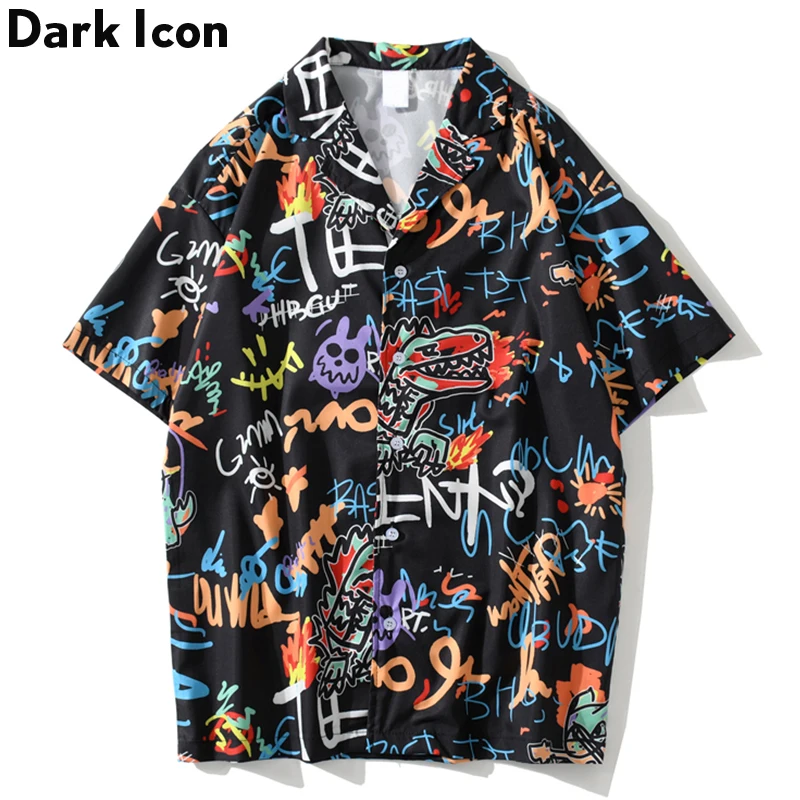 

DARK ICON Dinosaur Graffiti Hip Hop Shirt For Men Short Sleeve Fashion Street Shirt Male Clothing