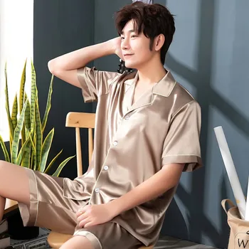 

Champagne Pyjamas Home Clothing Men Sleepwear Satin Casual 2PCS Pajamas Suit Nightwear Summer New Arrival Sleep Set Nightgown