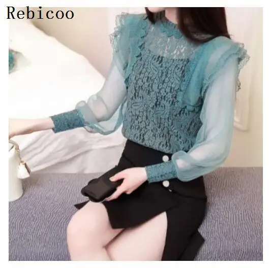 

Rebicoo Floral Crochet Long Sleeve Summer Blouses Shirt New Plus Size 2XL OL Elegant Tops Women Blouse and Tops