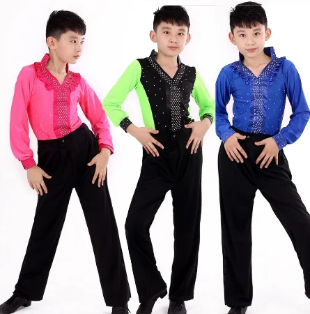 

New Boys Blue Green Latin Salsa Dancing Costumes Kids Ballroom Performance Party Dance wear tops+Pants vestido de baile latino