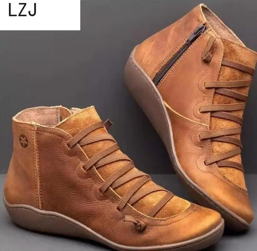 

Women Winter Snow Boots PU Leather Ankle Spring Flat Shoes Woman Short Brown Botas with Fur 2020 for Women Lace Up Botas Mujer