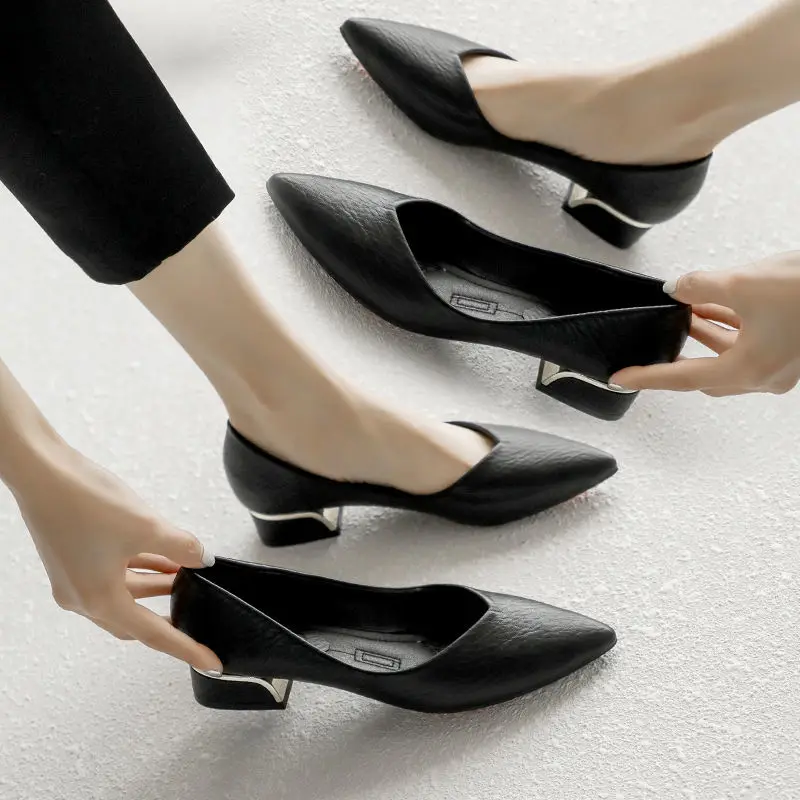 

2021 New All-match Professional Pointed Toe Single Shoes Female Thick Heel Comfortable Suede Set Foot Lazy Pedal Peas Shoes