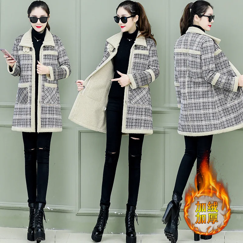 Lambs Wool Coat Women's Winter New Style Korean-style Brushed And Thick Mid-length INS Graceful Plaid Woolen