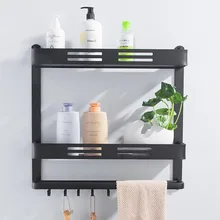Wall Mount Black Aluminum Bathroom Shelf Shower Caddy Bath Rack with Bar and Hook for Towel Shampoo Shelves Storage Kitchen