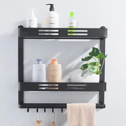 Wall Mount Black Aluminum Bathroom Shelf Shower Caddy Bath Rack with Bar and Hook for Towel Shampoo Shelves Storage Kitchen