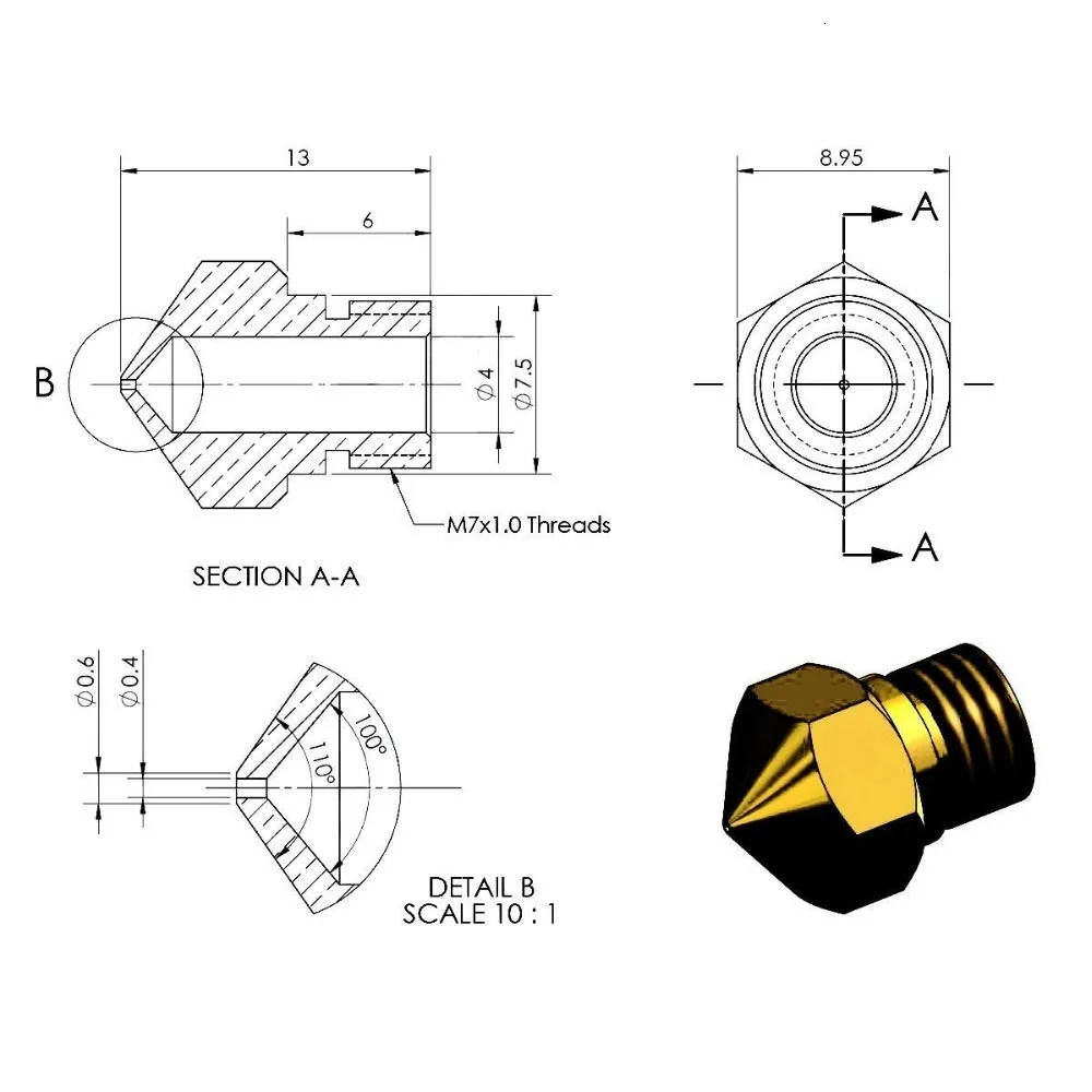 MK10 насадка для 3D-принтеры, 18 шт M7 латунь Экструзионная головка Hotend сопла 0,2/0,3/0,4/0,5/0,6/0,8/1,0 мм подходит для 1,75 мм нити