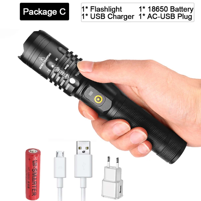 65000LM high-power LED flashlight USB Rechargeable Flashlight with 18650 Battery XHP50.2 Super bright flashlight can output - Испускаемый цвет: C