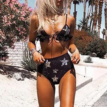 

Sexy print bikini 2020 mujer Triangle swimsuit female Push up swimwear women Ruffles lace up bathing suit High waist biquini new